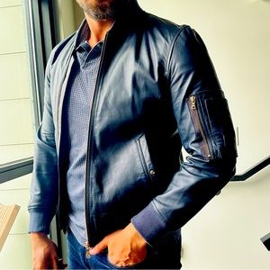 PAUL SMITH MEN's BLUE LEATHER MOTORCYCLE JACKET - M